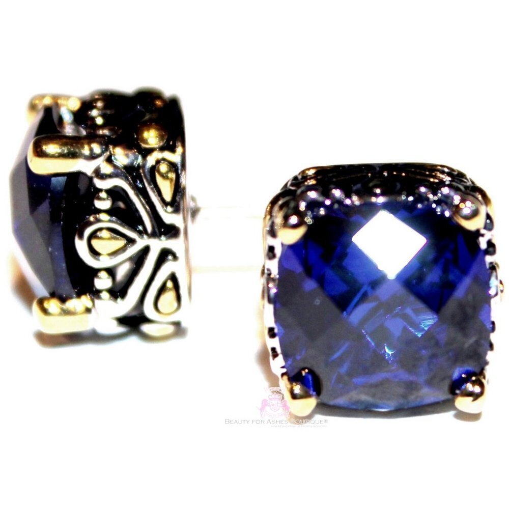 10mm Throne Room Checker Cut Cubic Zirconia Dark Sapphire Blue Cz Post Earrings